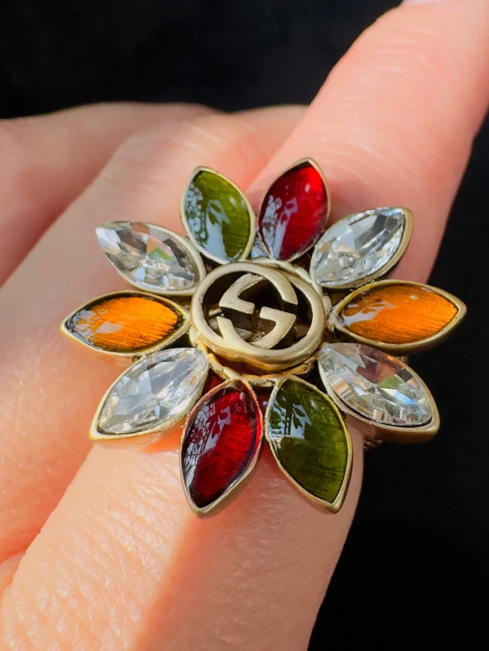Flower Crystal Multi-Color Ring Set - Red, Green, Amber, Clear